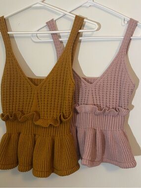 Knit Peplum Ruffle Tank Top - Mustard and Dusty Pink